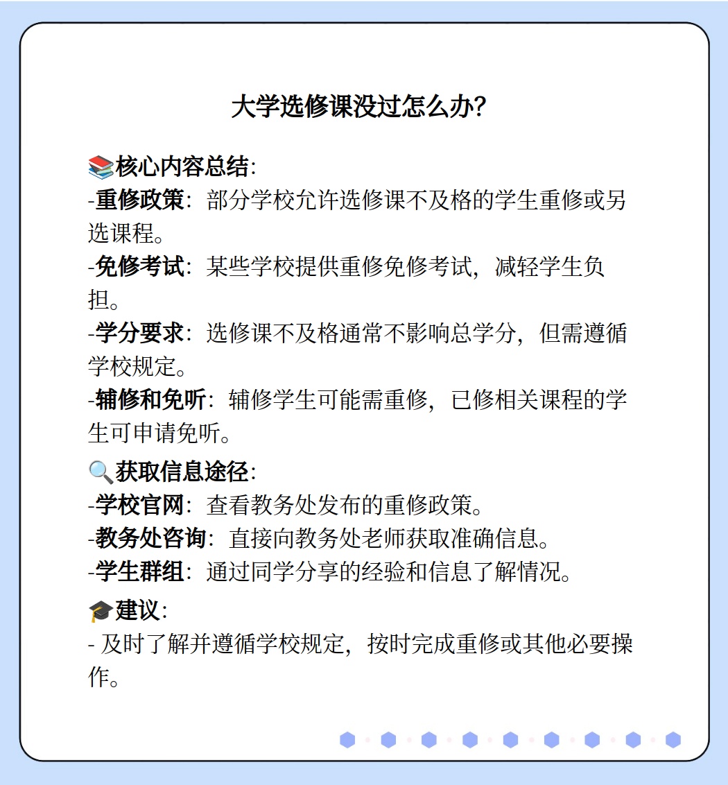 重修政策:部分学校规定,如果选修课成绩不及格,学生可以选择重修